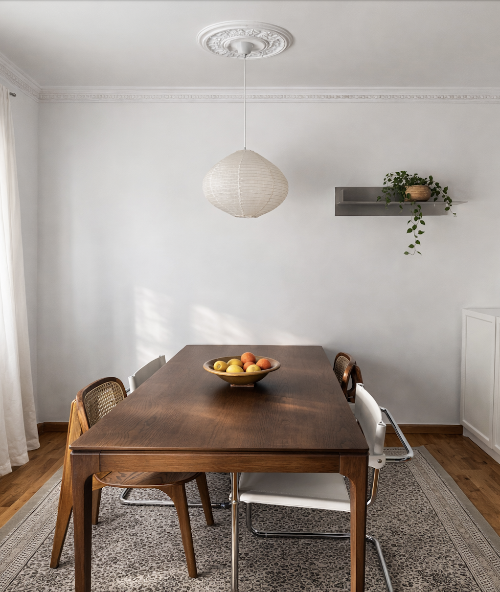 Dining room with wood table, paper pendant lamp, ceiling molding and mixed chairs